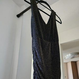 French Connection - Sleeveless Black Gold Metalllic Ruched Midi Dress Size XS